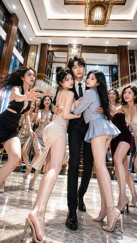 A group of people in formal and evening outfits poses together beneath warm lights in an ornate lobby.