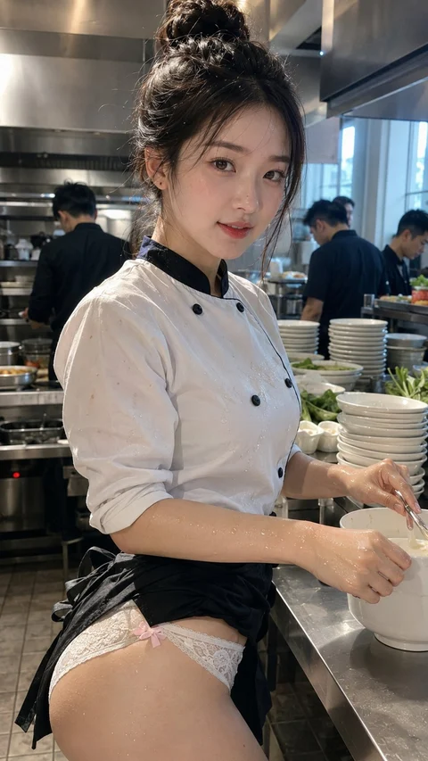 Stacks of dishes stand beside a woman wearing a white cook shirt with a dark collar in a restaurant kitchen.