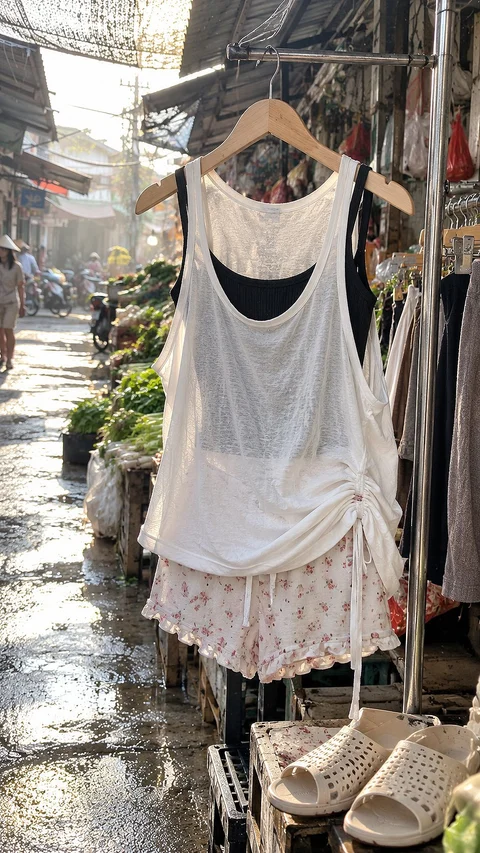 A loose pale tank top, dark underlayer and patterned shorts hang beside a produce stall, with light-colored clogs below.