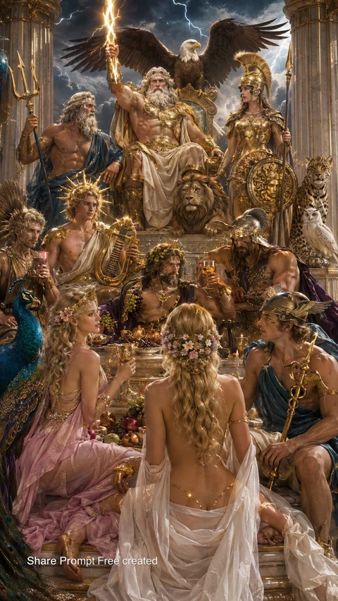 Elaborately dressed figures gather beneath monumental golden sculpture and draped curtains in an ornate hall.