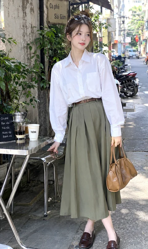 A woman in a white blouse and olive pleated skirt stands beside metal cafe furniture and potted plants, holding a brown handbag.