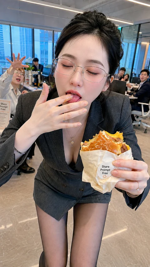 A person in glasses and a dark jacket eats a wrapped snack with a crowded venue around them.