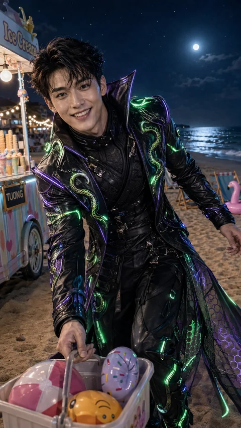 A man in a dark futuristic outfit with glowing green and purple accents stands beside a cart of colorful toys on a beach at night.