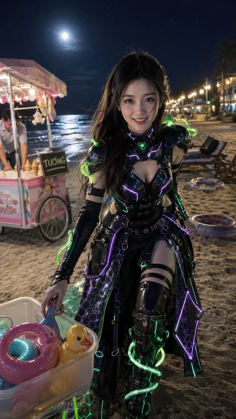 A woman in a dark costume traced with colored lights stands beside a bucket of colorful objects at night.
