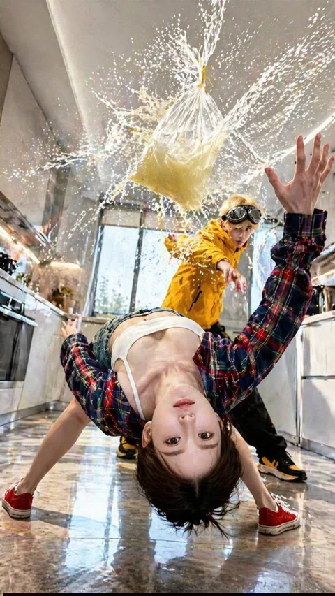 A woman in a plaid shirt bends backward in a bright room as a drink splashes above her.