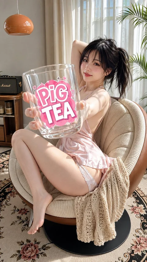 A woman in pale pink clothing sits curled in a chair holding a large transparent cup labeled PIG TEA.