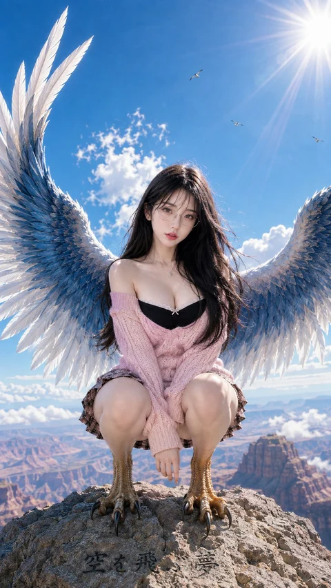 A woman with large gray-blue wings and bird-like feet crouches on a rocky peak beneath a blue sky.