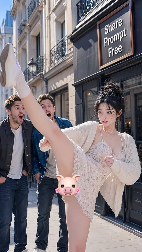 A woman in pale clothing raises one leg vertically as onlookers react on a city street.