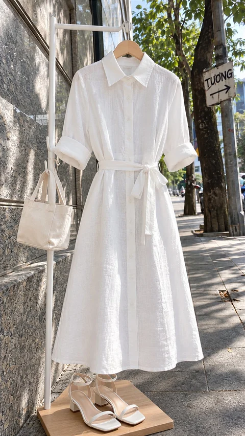 A belted white shirt dress hangs on a stand along a leafy sidewalk, with a light bag and heeled sandals below.