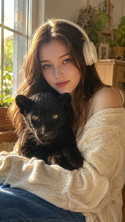 A person in a cream knitted sweater holds a black cat beside a warmly lit window.