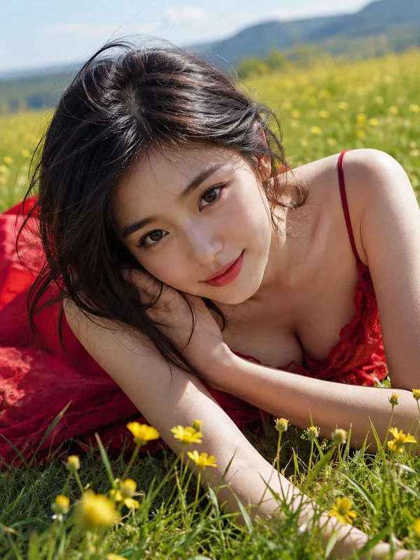 Adult-presenting fictional portrait for aiporngenerate.com: summer meadow east asian woman portrait