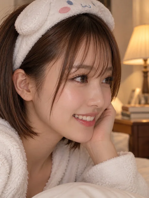Adult-presenting fictional portrait for aiporngenerate.com: close up side profile smiling east asian woman plush headband