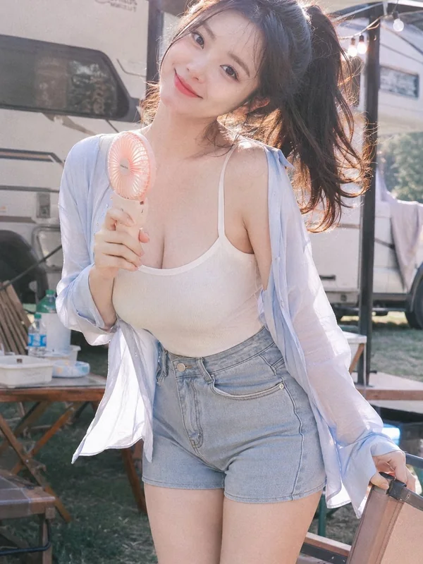 Adult-presenting fictional portrait for aiporngenerate.com: summer camping ccd style energetic portrait