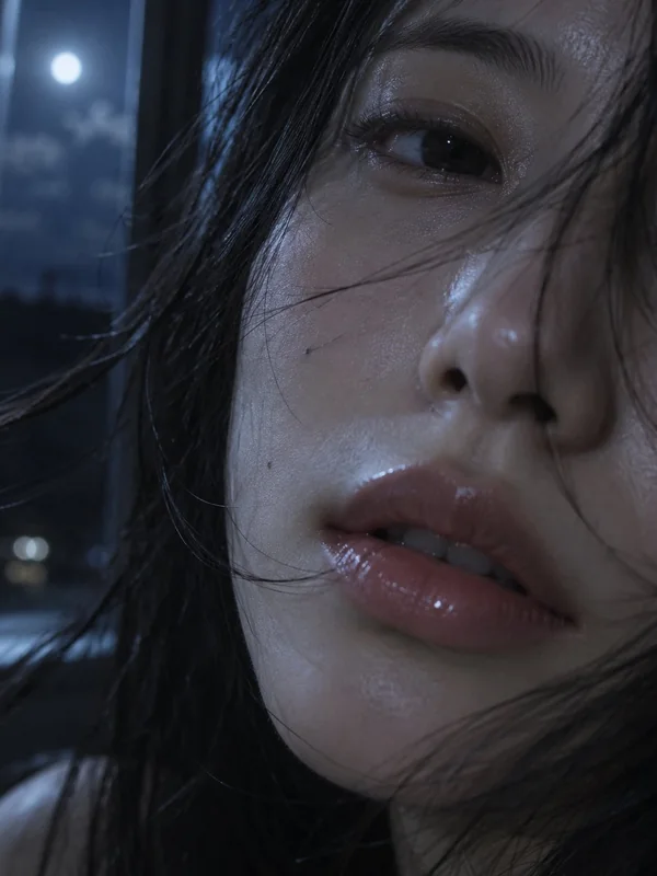 Adult-presenting fictional portrait for aiporngenerate.com: japanese woman moonlight window close up